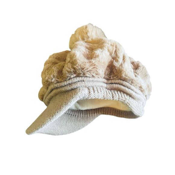 Tan Plush Pom-Pom Beret Hat With Visor Women’s Winter Warm Faux Fur Knit Interio - Picture 3 of 5